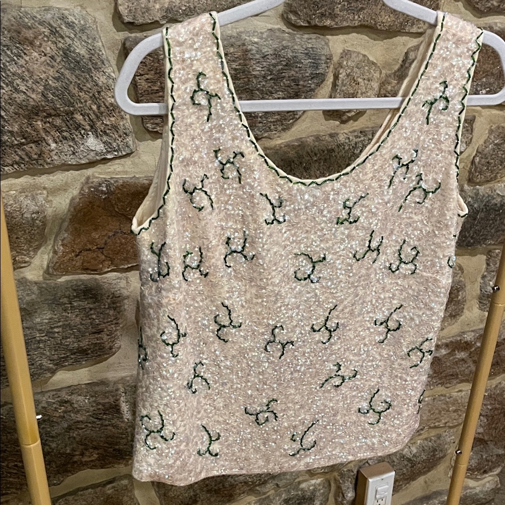 Vintage 60s Embroidered & Sequined Cream Zip back tank top.